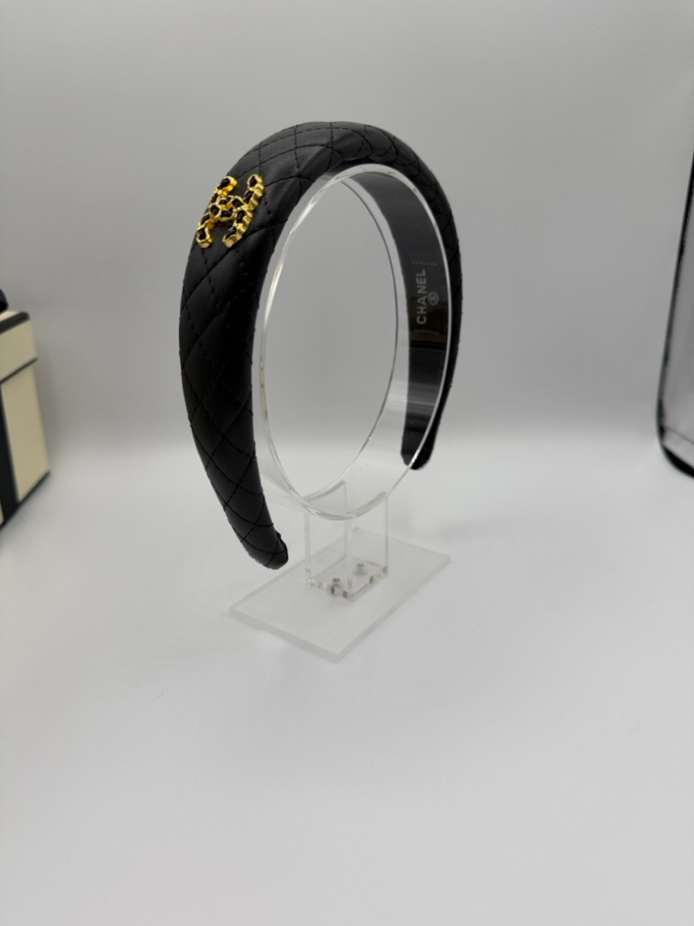 Quilted Black Leather Headband with Gold CC Accent